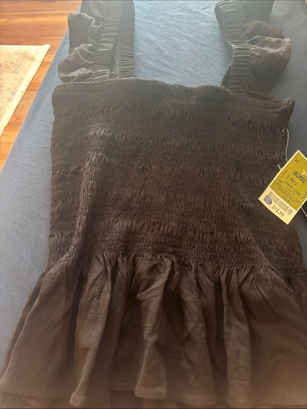 Moa Moa Black Smocked Ruffle Strap top